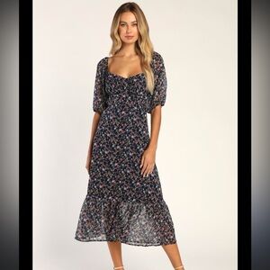Lulu's Navy Floral Midi Dress